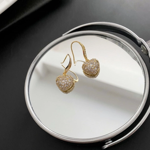 Heart Drop Earrings Gold Plated Copper With Full Pave Zircon Sweet Elegant Jewelry For Women