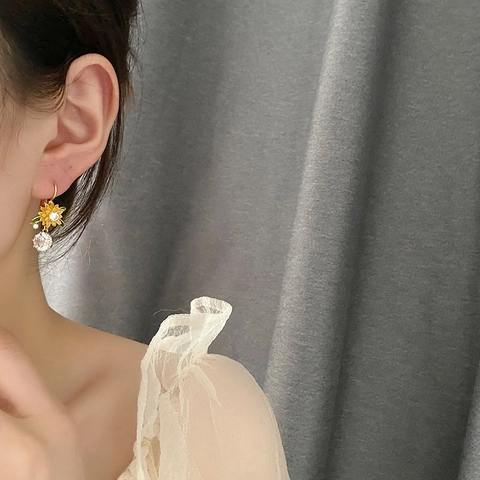 Sunflower Drop Earrings With Zircon Gold Plated Flower Leverback Jewelry Elegant For Women Silver Earring Post