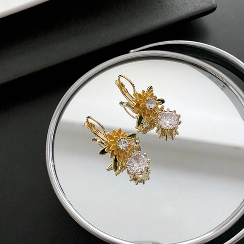 Sunflower Drop Earrings With Zircon Gold Plated Flower Leverback Jewelry Elegant For Women Silver Earring Post