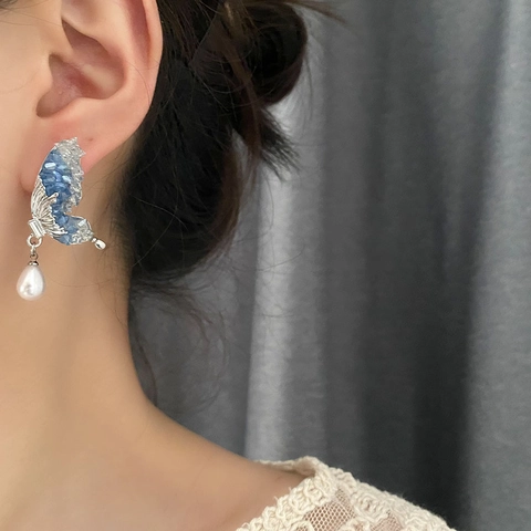 Butterfly Wing Dangle Earrings With 925 Sterling Silver Earring Post Blue Crystal Artificial Pearl Luxury Elegant Jewelry For Women
