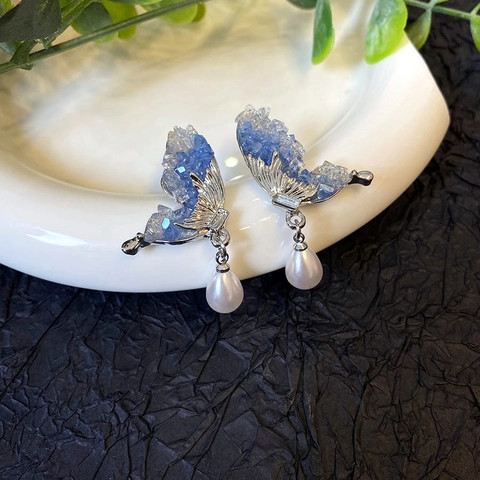 Butterfly Wing Dangle Earrings With 925 Sterling Silver Earring Post Blue Crystal Artificial Pearl Luxury Elegant Jewelry For Women