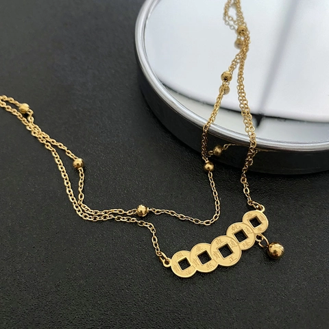 Bracelet De Cheville Multi-Rangs Avec Pièces Chinoises Anciennes Et Perles Dorées En Acier Titane Bijoux Ethniques Rétro