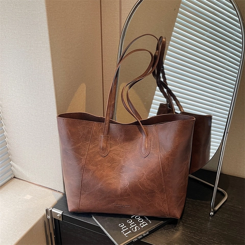 Large Capacity Tote Bag Vintage PU Leather Solid Color Stitched Commuter Handbag For Women Retro Style