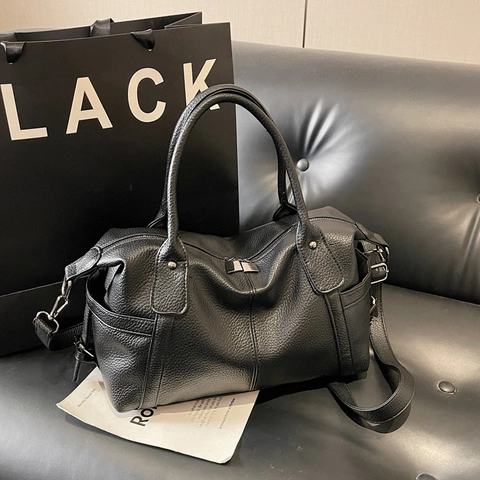 Women Large Capacity Pebbled PU Leather Handbag Vintage Minimalist Boston Tote Bag Detachable Strap Commute