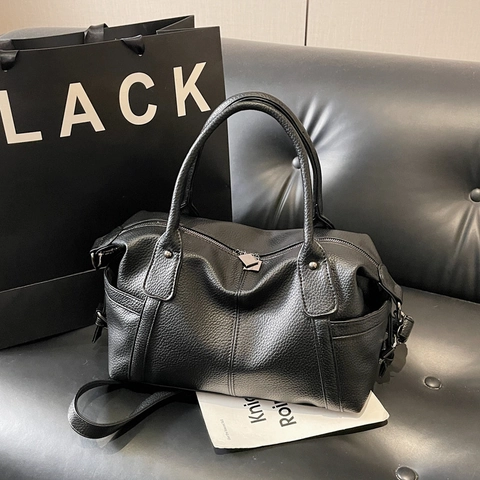 Women Large Capacity Pebbled PU Leather Handbag Vintage Minimalist Boston Tote Bag Detachable Strap Commute