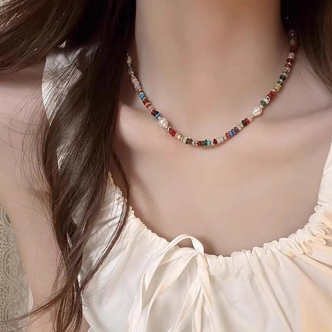 Stainless Steel Natural Stone Beaded Necklace With Freshwater Pearl Bohemian Vintage Choker Necklace For Women Party Vacation Jewelry