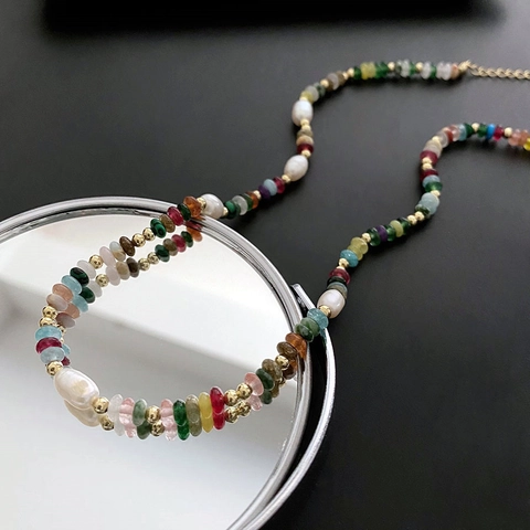Stainless Steel Natural Stone Beaded Necklace With Freshwater Pearl Bohemian Vintage Choker Necklace For Women Party Vacation Jewelry