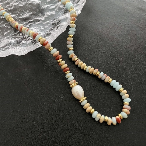 Collar De Cuentas De Acero Inoxidable Con Piedra Natural Y Perla Barroca Artificial Joyería Hecha A Mano Colorida Para Mujer Verano