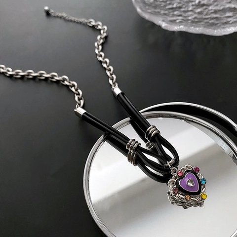 Purple Heart Pendant Necklace Stainless Steel Colorful Rhinestone Black Cord Splicing Chain Sweet Cool Y2K Jewelry For Women