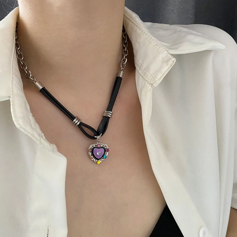 Purple Heart Pendant Necklace Stainless Steel Colorful Rhinestone Black Cord Splicing Chain Sweet Cool Y2K Jewelry For Women