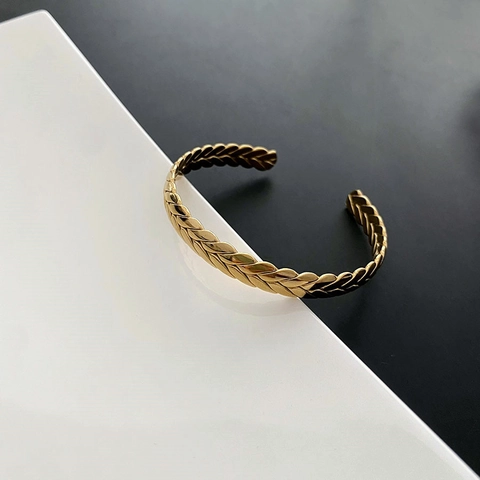 Vintage Geflochtenes Weizentextur Manschettenarmband Titanstahl Minimalistischer Offener Armreif Für Herren Damen Unisex