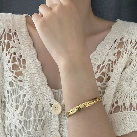 Vintage Geflochtenes Weizentextur Manschettenarmband Titanstahl Minimalistischer Offener Armreif Für Herren Damen Unisex