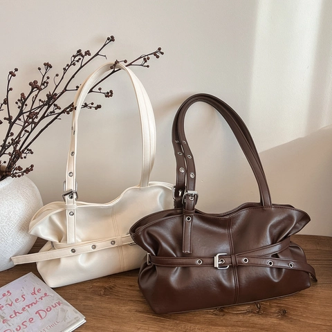 Damen Vintage Geraffte Schultertasche PU Leder Achseltasche Mit Gürtelschnalle Und Ösen Detail Mode Große Kapazität Handtasche