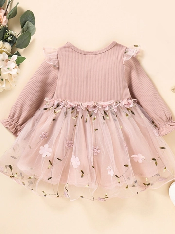 Baby Mädchen Langarm Mesh Kleid Rippstrick Baumwolle Oberteil Stickerei Blumen Tüll Prinzessin Tutu Rock Für Party Hochzeit Geburtstag Frühling Herbst Kleinkind Kleidung