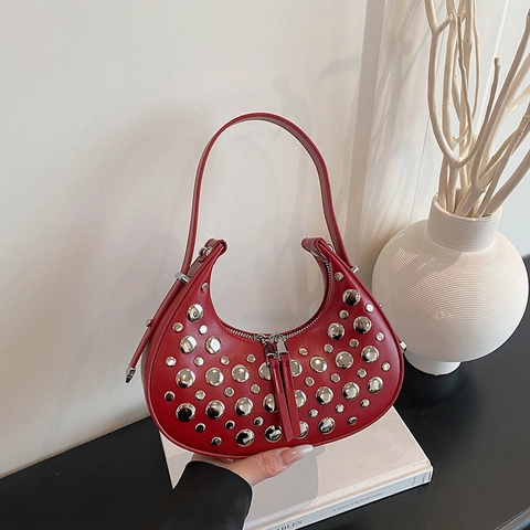 Women Studded Underarm Bag PU Leather Rivet Half Moon Hobo Shoulder Bag Small Vintage Punk Handbag Zipper Closure Street Fashion