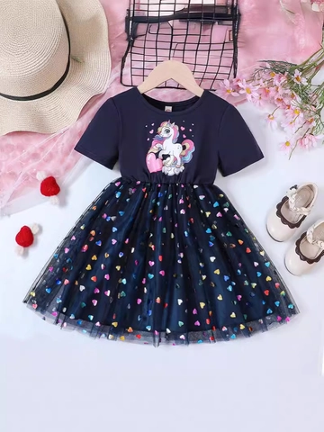 Girls Unicorn Print Short Sleeve Mesh Princess Dress Multicolored Heart Sequin Tulle Patchwork Dress For Summer Kids Clothing