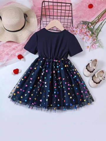 Girls Unicorn Print Short Sleeve Mesh Princess Dress Multicolored Heart Sequin Tulle Patchwork Dress For Summer Kids Clothing