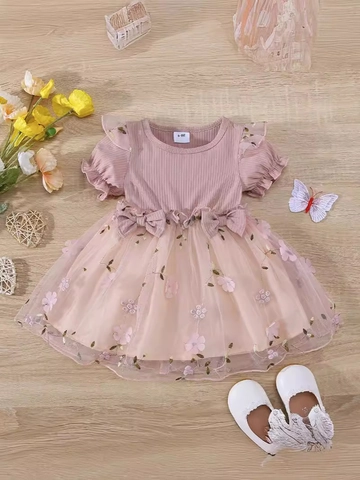 Baby Meisje Prinses Jurk Mesh Tule Tutu Ribgebreid Vleugelmouwen Borduurwerk Bloemen Strik Zomer Feestkleding
