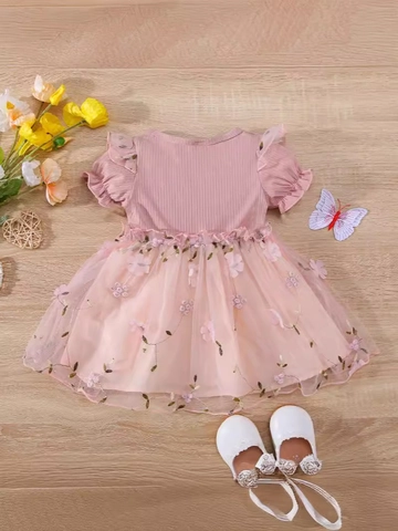 Baby Girl Princess Dress Mesh Tulle Tutu Rib Knit Fly Sleeve Floral Embroidery Bowknot Summer Party Clothing