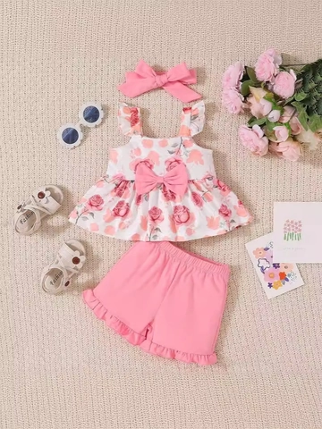 Baby Girl Summer Cotton Floral Camisole Top And Shorts Set With Bow Headband Sleeveless Ruffle Outfit For Infants Toddlers
