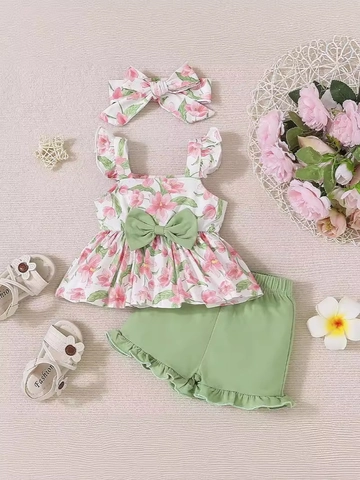 Baby Girl Summer Cotton Floral Camisole Top And Shorts Set With Bow Headband Sleeveless Ruffle Outfit For Infants Toddlers