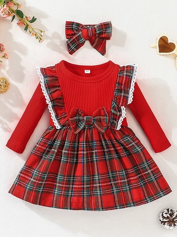 Baby Girls Long Sleeve Plaid Dress And Bow Headband Ribbed Knit Cotton Blend Lace Christmas Holiday Toddler Infant