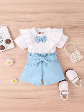 Vêtements Été Pour Bébé Fille En Coton Côtelé T-Shirt À Manches Courtes Avec Nœud Et Short À Volants Tenue Douce