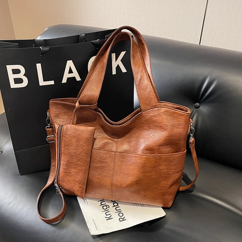 Sac Fourre-Tout Femme Vintage en Cuir PU Avec Pochette Texture Litchi Surpiqûre Sac à Épaule pour Bureau Trajet Quotidien