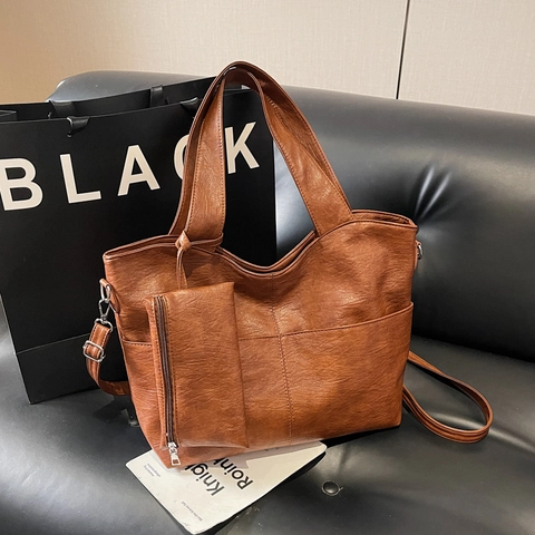 Retro Einfache Große Kapazität Tragetasche Weiches PU Leder Umhängetasche Schultertasche Für Frauen Täglich Mit Beutel