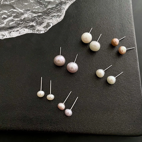 Pendientes de Botón de Perlas Naturales Minimalistas Con Poste de Plata de Ley 925 Joyas Redondas de Acero Inoxidable Para Mujer Regalo