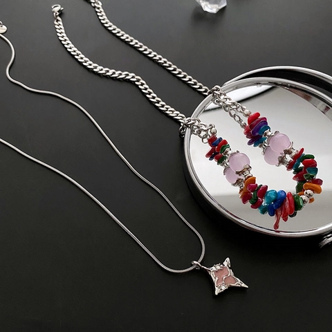 Zweilagige Edelstahl Halskette Bunte Kiesperlen Sternenanhänger Für Frauen Bohemian Sommer Schmuck