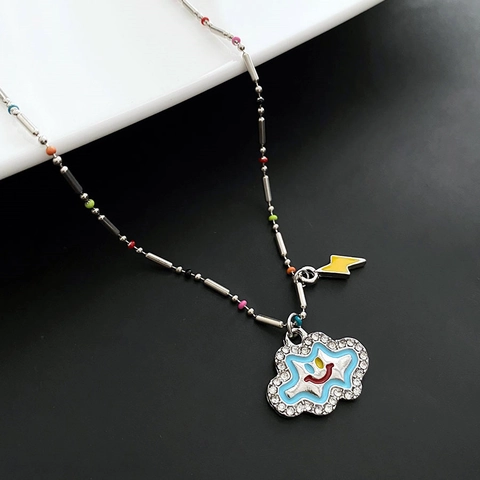 Collana Con Ciondolo Nuvola Blu Sorridente Per Donna Acciaio Al Titanio Catena Di Perle Colorate Fulmine Giallo Smalto