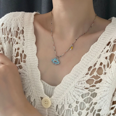Collana Con Ciondolo Nuvola Blu Sorridente Per Donna Acciaio Al Titanio Catena Di Perle Colorate Fulmine Giallo Smalto