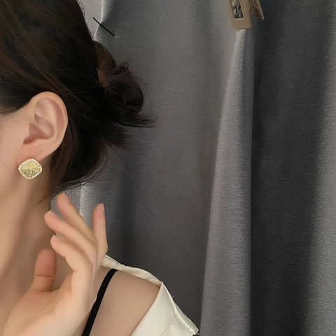 Square Geometric Stud Earrings Gold Plated Copper With 925 Sterling Silver Earring Post Yellow Rhinestone Vintage Luxury Women