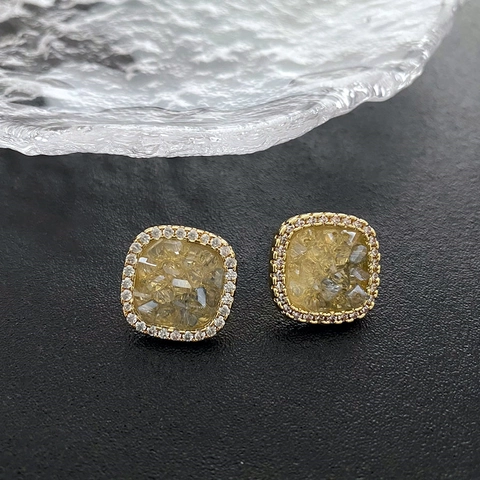 Square Geometric Stud Earrings Gold Plated Copper With 925 Sterling Silver Earring Post Yellow Rhinestone Vintage Luxury Women