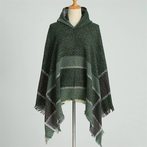 Poncho Con Cappuccio Donna Sciarpa Finta Cashmere Quadri Spina Di Pesce Mantella Frange Pullover Scialle Invernale Moda Caldo