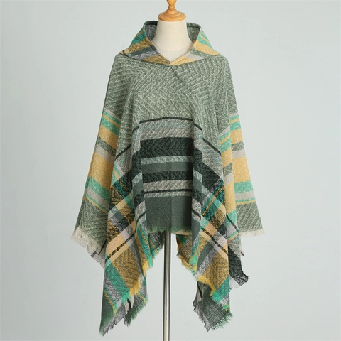 Poncho Con Cappuccio Da Donna Sciarpa A Quadri Motivo Spina Di Pesce Finta Cashmere Caldo Maglia Grossa Con Nappe