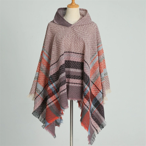 Poncho Con Cappuccio Da Donna Sciarpa A Quadri Motivo Spina Di Pesce Finta Cashmere Caldo Maglia Grossa Con Nappe