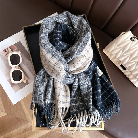 Plaid Scarf Checkered Shawl Cashmere Feel Color Block Tassels Winter Warm Soft Long Scarf For Women Men Fashion Neck Warmer