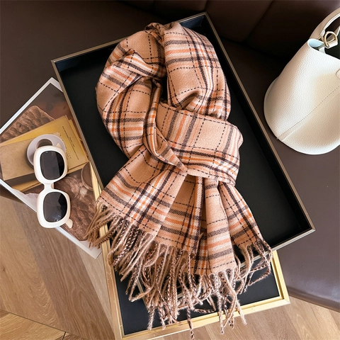 Sciarpa Invernale Donna Imitazione Cashmere Motivo A Quadri Morbido Caldo Bordo Frange Casual Versatile Scialle Stile Britannico