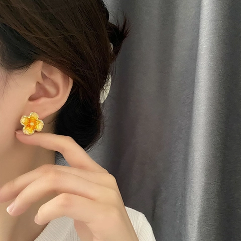 Pendientes De Botón De Flor De Cobre Con Poste De Plata De Ley 925 Pétalos De Resina Naranja Estilo Dulce Y Fresco Para Mujeres