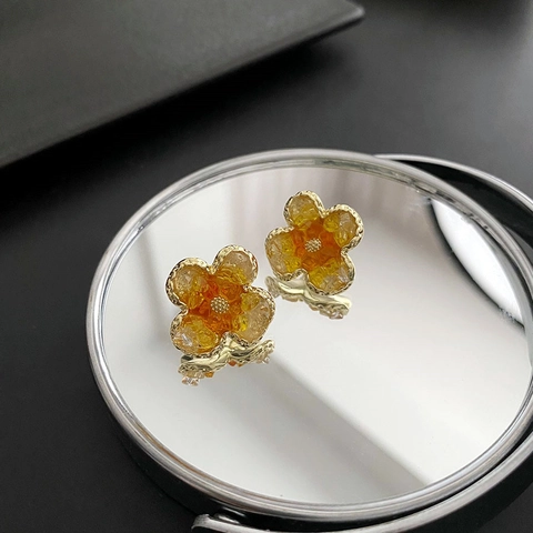 Pendientes De Botón De Flor De Cobre Con Poste De Plata De Ley 925 Pétalos De Resina Naranja Estilo Dulce Y Fresco Para Mujeres
