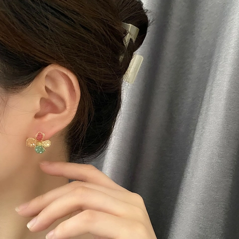 Retro Kleurrijke Kralen Bloem Oorknopjes Met 925 Sterling Zilver Stift Koper Verguld Goud Bloemen Accessoire Voor Dames