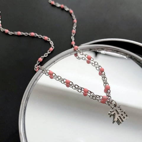 Collier Pendentif Caractère Fu En Acier Titane Avec Perles Colorées Style Chinois Chaîne Clavicule Pour Femmes