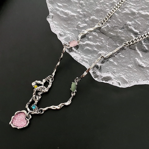 Rosa Herzanhänger Halskette Edelstahl Unregelmäßige Lavakette Bunte Perlen Mode Schmuck Damen