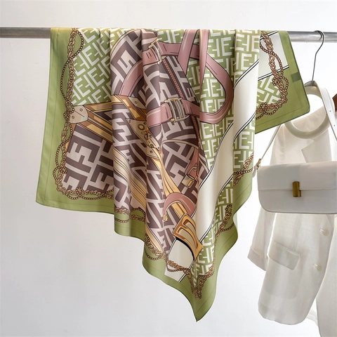 French Vintage Large Square Scarf Polyester Twill Satin Printed Letter Chain Shawl For Women Elegant Retro Accessory