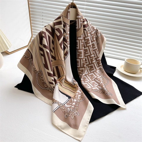 French Vintage Large Square Scarf Polyester Twill Satin Printed Letter Chain Shawl For Women Elegant Retro Accessory