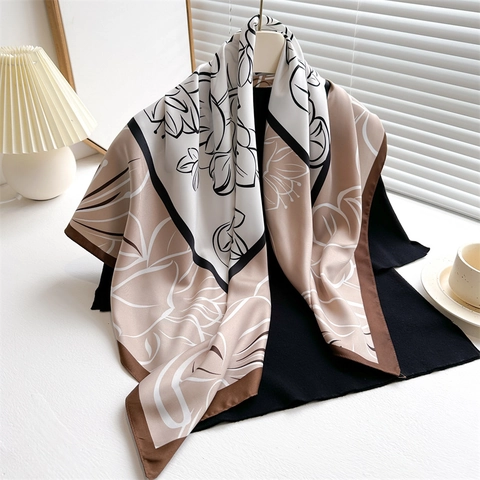 Grote Vierkante Sjaal Vintage Lotus Print Satijn Polyester Twill Satijnachtig Gevoel Elegante Hoofddoek Voor Dames