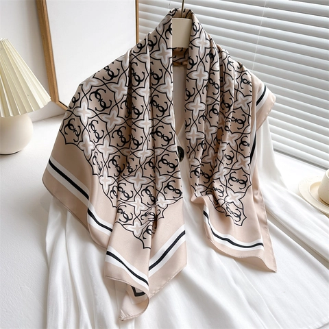 Women Elegant Square Scarf Twill Polyester Satin Feel Star Print Monogram Pattern Stripe Border Fashion Shawl Hair Wrap
