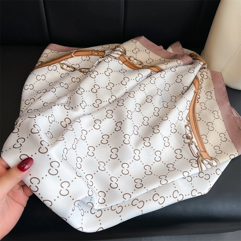 Large Square Satin Like Scarf Polyester Twill Monogram Chain Print Shawl Wrap Elegant Luxury Style For Women